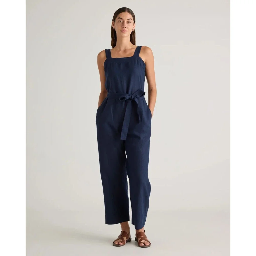 QUINCE Women's 100% European Linen Square Neck Jumpsuit Navy Tie Waist